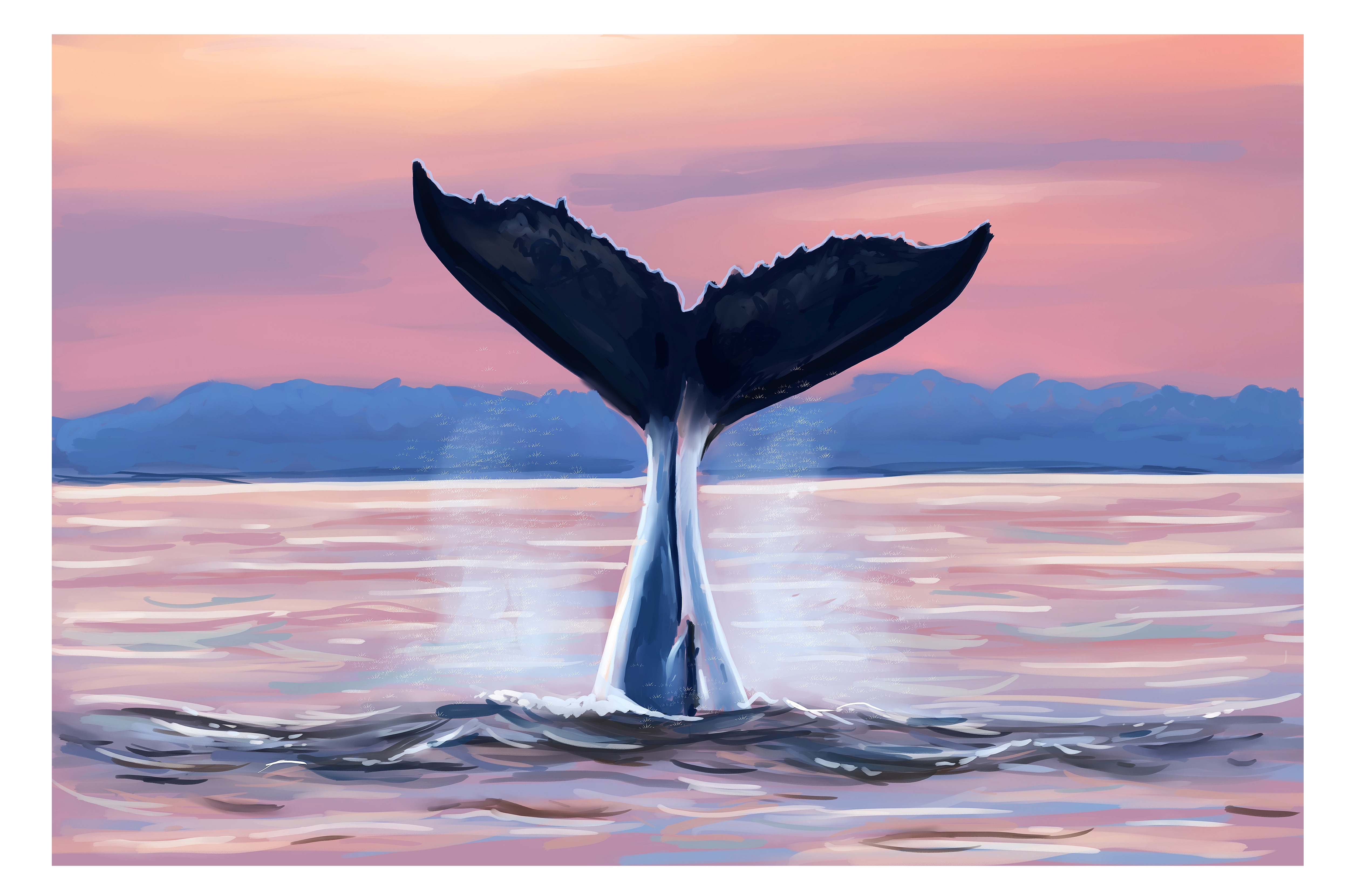 Impressionist whale tail at sunset over the Pacific