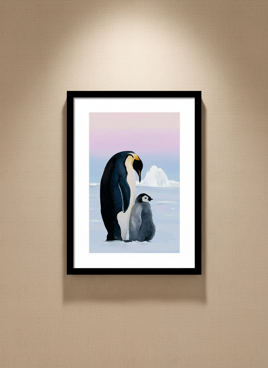 Place this exact painting — an emperor penguin and its chick on Antarctic ice with a soft pink and blue sky, already in a black frame with white mat — hanging on a warm neutral textured wall. The frame should cast a subtle shadow on the wall behind it. Soft warm spotlight lighting from above. Realistic, elegant gallery or living room display. The painting and its black frame are the clear focal point. Do not alter or replace the artwork itself.