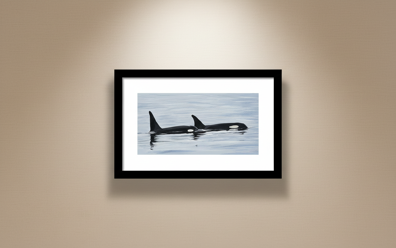 A framed fine art painting of two orca whales swimming side by side on calm silvery-blue water, already in a black frame with white mat, hanging on a warm neutral textured wall, soft directional spotlight from above casting a gentle shadow beneath the frame, realistic elegant gallery or living room display, the painting is the clear focal point