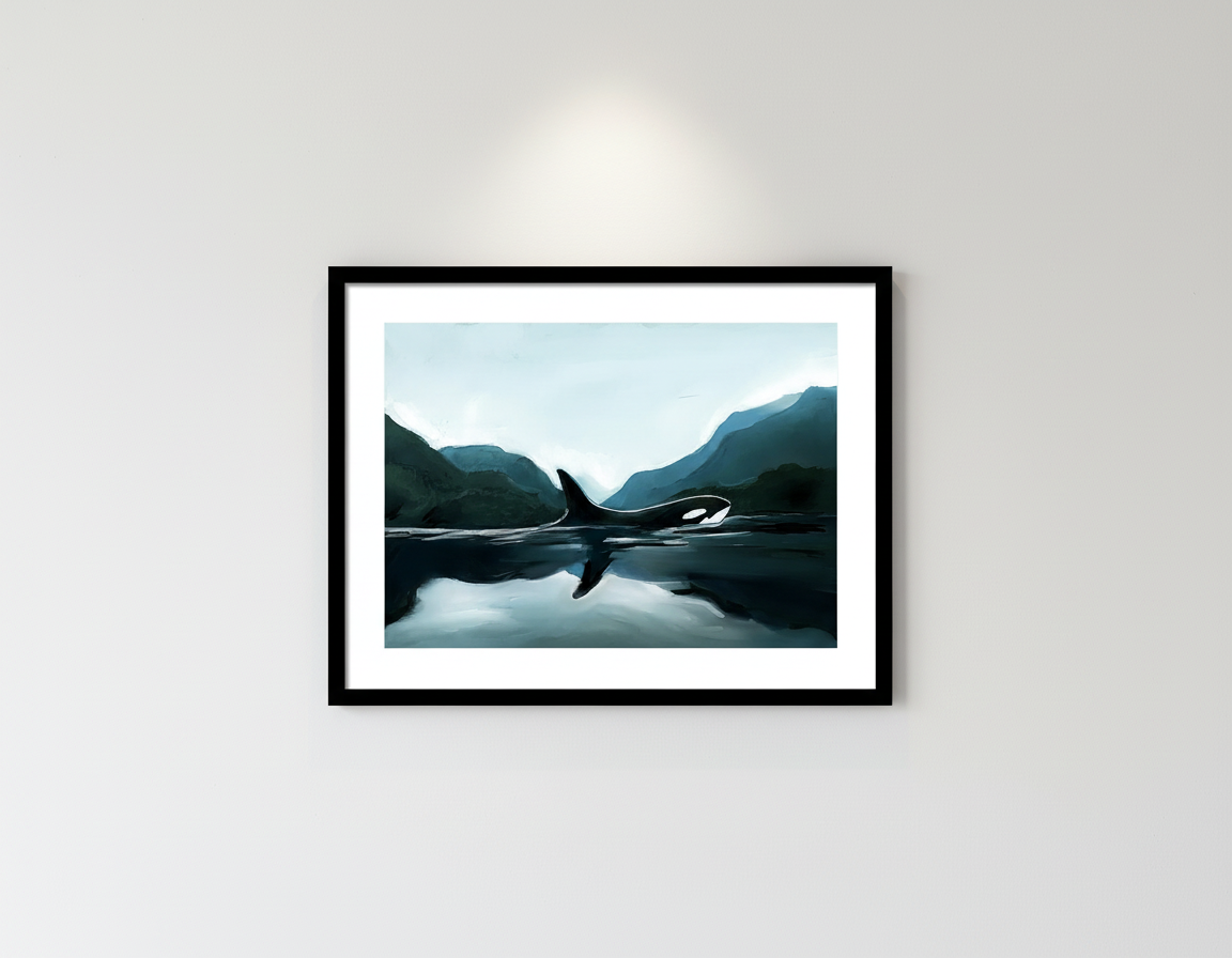 A framed painting of an orca whale gliding through calm water with misty blue-green mountains reflected below, in a black frame with white mat, hanging on a white wall.